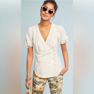 Anthropologie Maeve - Polka Dot Linen Louise Wrapped Blouse